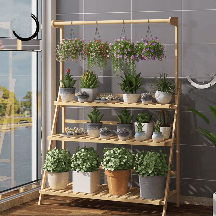 Bamboo Hanging Plant Stand Shelves Flower Pot Storage Organizer Rack - MRSLM