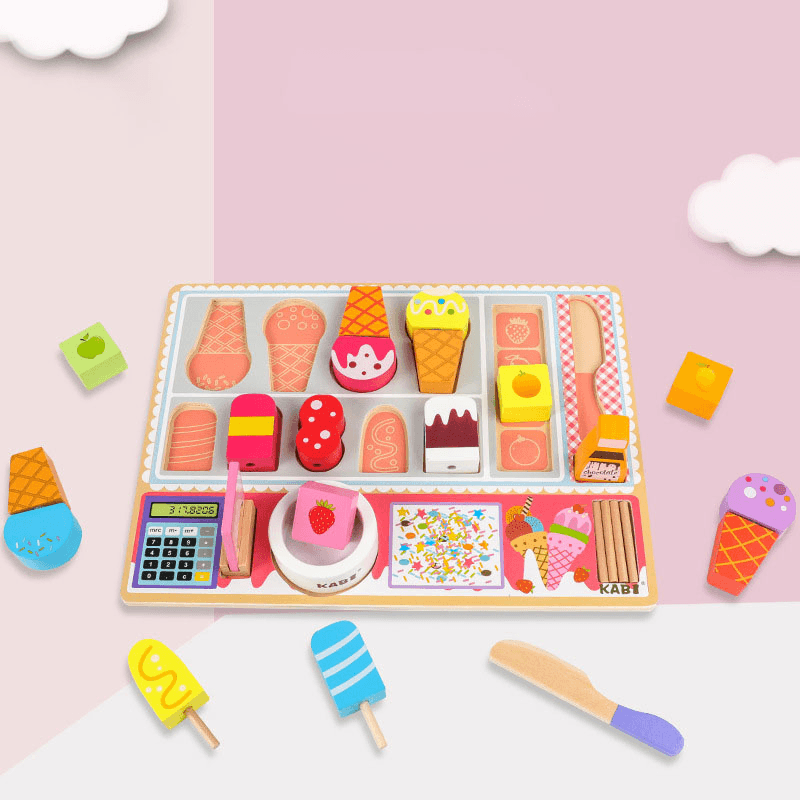 Wooden Children'S Play House Ice Cream Candy Cart Toy Little Girl Push Ice Cream Ice Cream Cart Kitchen Set - MRSLM