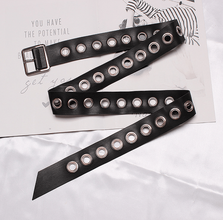 Versatile Ring Extra Long Belt Female Black Wide Metal Eyelet Female Belt Decorated Dress Trousers - MRSLM