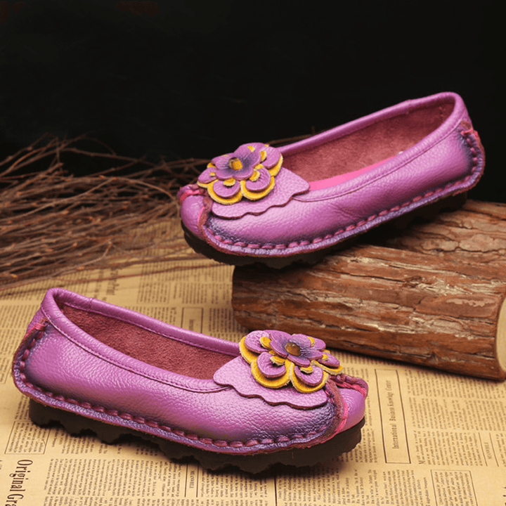 Women Shoes Casual Comfortable Floral Leather Flats - MRSLM