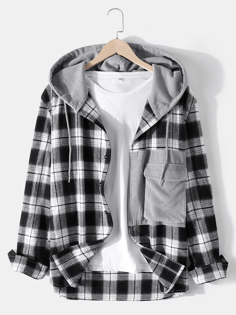 Mens 100% Cotton Plaid Patchwork Button up Hooded Shirts - MRSLM