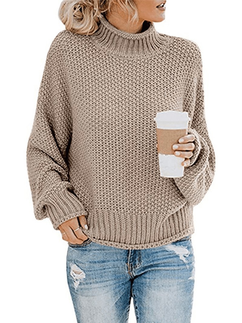 Casual Loose Long Sleeve High Collar Solid Color Pullover Sweaters for Women - MRSLM