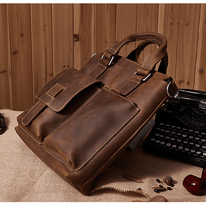 Men Genuine Leather Retro Handbag Crossbody Bag Casual Business Shoulder Bag Briefcase - MRSLM