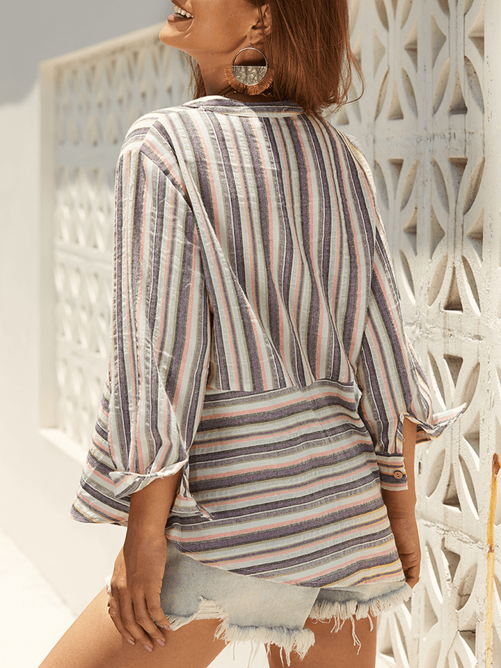 Chic Striped 3/4 Sleeve Blouse - MRSLM