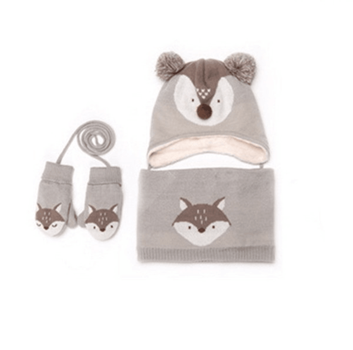 Autumn Winter Children plus Velvet Hat Scarf Set Baby Lovely Cartoon Fox Print Knitted Hat Kids Cap Collar Boy Girl Neck Warmer - MRSLM