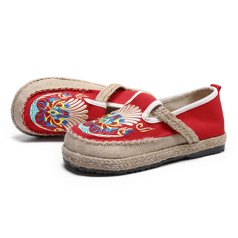 Women Linen Comfy Embroidery Straw Slip on Flat Loafers - MRSLM