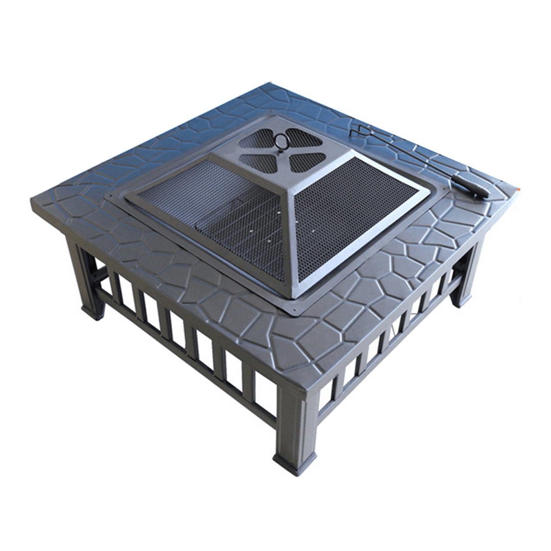 Outdoor Portable 32'' Metal Fire Pits Camping BBQ Square Table Backyard Patio Garden Stove Wood Burning Fireplace - MRSLM