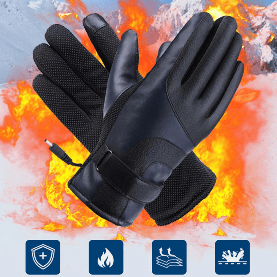 Unisex USB Charging Heating Touchscreen Outdoor Winter Electric Car Riding Keep Warm Waterptoof Windproof Leather Gloves - MRSLM