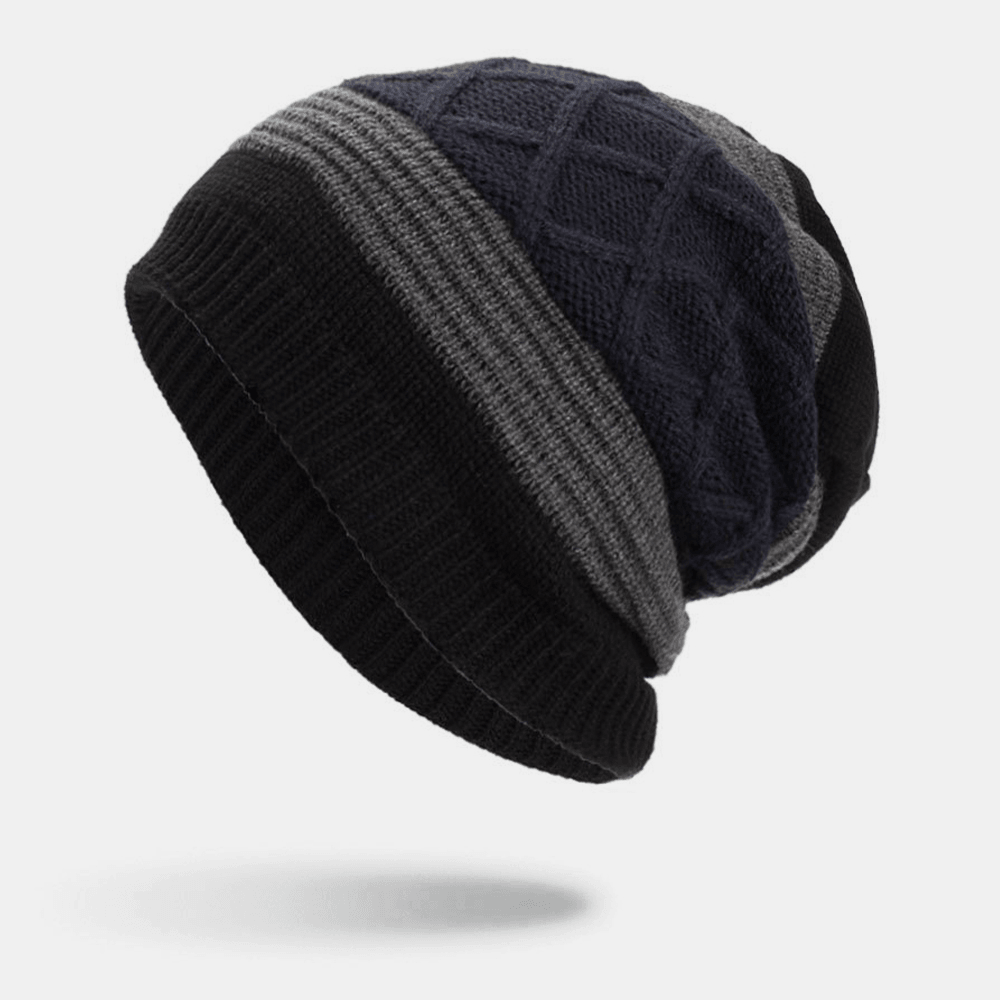 Men Winter plus Velvet Striped and Diamonds Pattern Outdoor Knitted Warm Beanie Hat - MRSLM