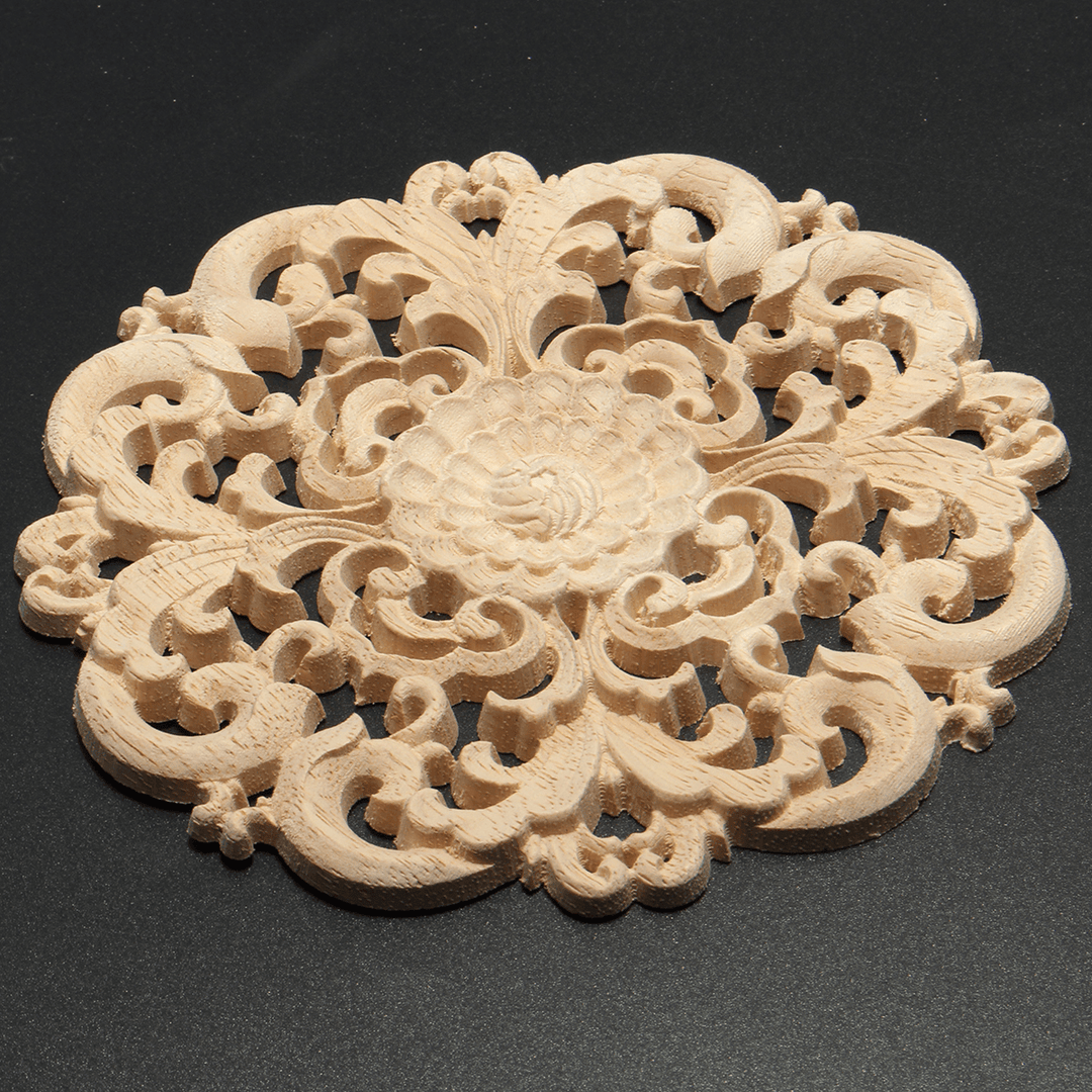 Wood Carved Onlay Applique Unpainted Flower Pattern Furniture Frame Door Decor 15Cm - MRSLM