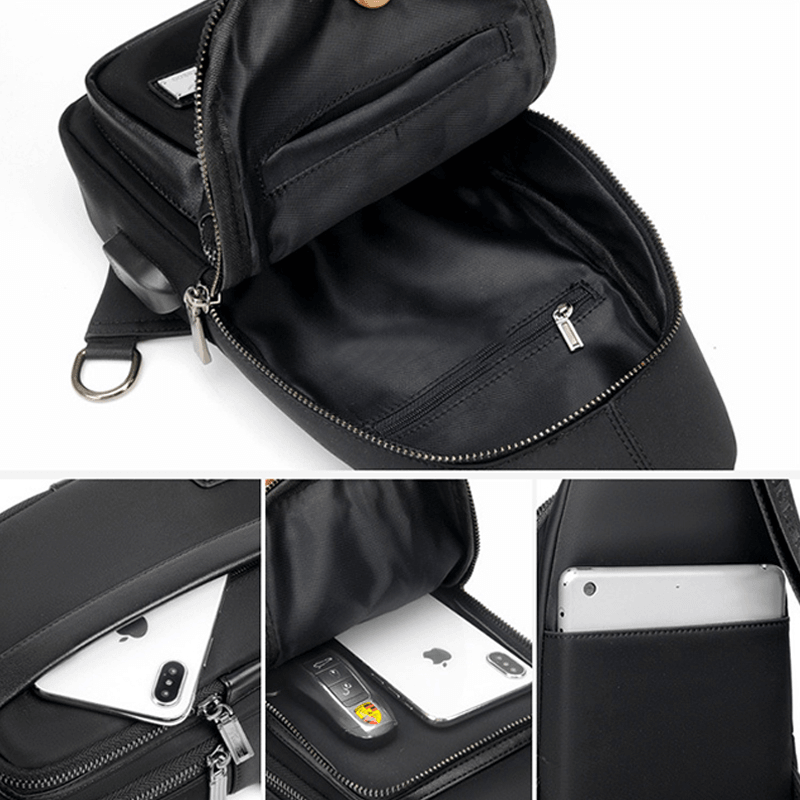 Men Faux Leather Fashion Chest Bag Shoulder Bag Crossbody Bag with USB Charging Port - MRSLM