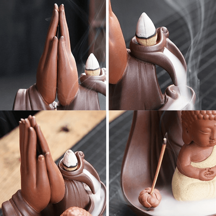 Little Monk Lotus Backflow Ceramic Cone Buddhist Incense Burner Holder Decorations - MRSLM