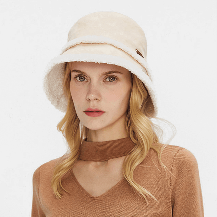 Women Suede Lamb Hair Casual Fashion Elegant Keep Warm Outdoor Bucket Hat - MRSLM