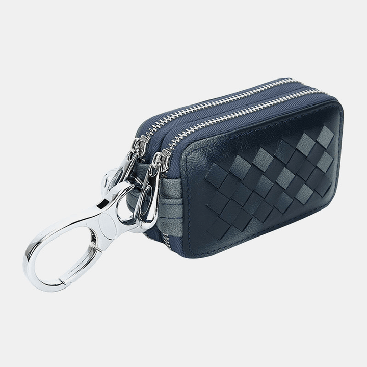 Unsiex Genuine Leather Double Zipper Hanging Woven Pattern Car Key Case Holder Keychain Wallet - MRSLM