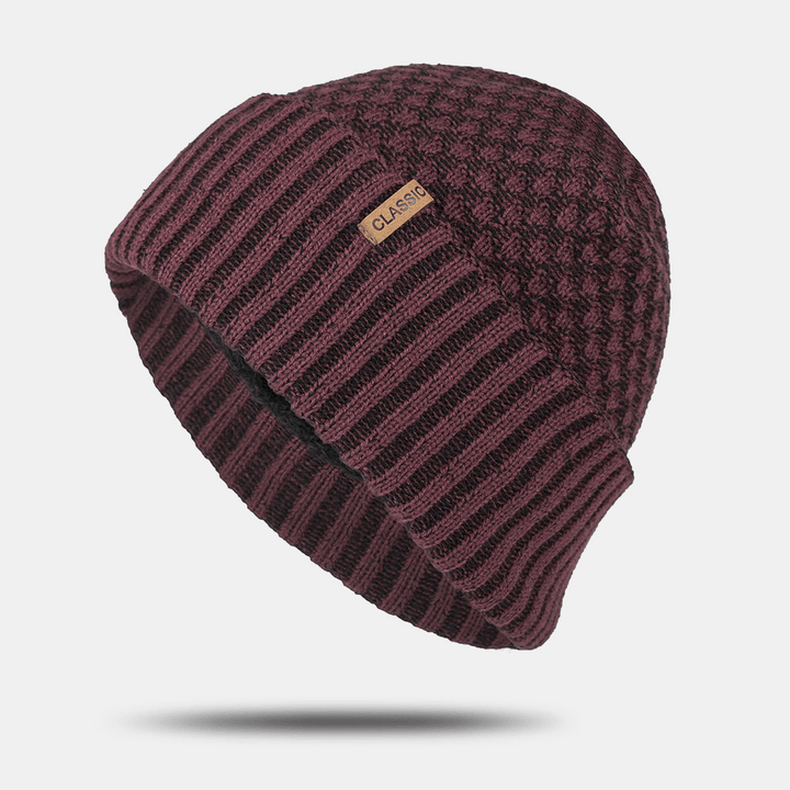 Men Solid Color Geometric Jacquard Knitted Hat Casual Acrylic plus Velvet Warm Brimless Beanie Hat - MRSLM