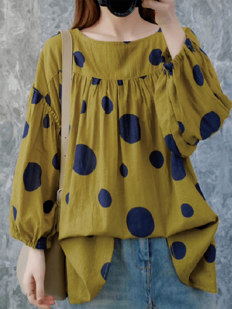 Women Vintage Polka Dot Print Puff Sleeve Loose Pleated Blouse - MRSLM