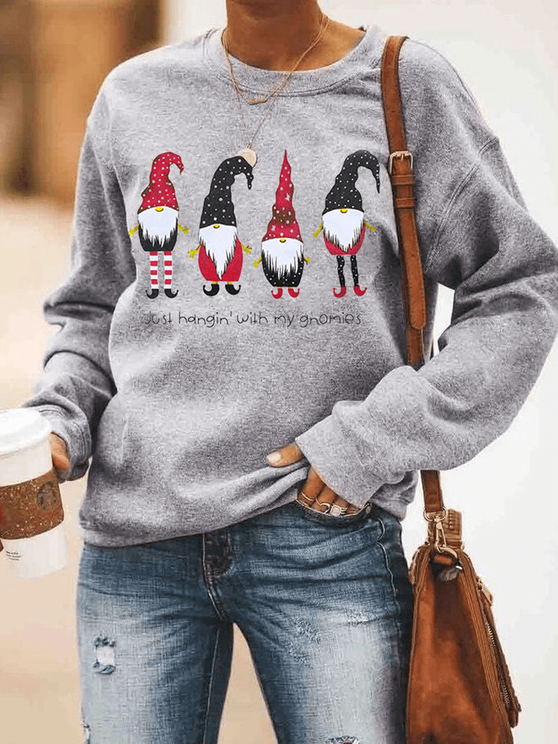 Women Cartoon Santa Claus Print Christmas Pullover Long Sleeve Sweatshirts - MRSLM