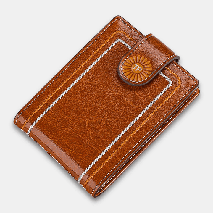 Men Genuine Leather Daisy Pattern Hasp Multifunction Certificate Bag Card Holder Coin Purse Money Clip Cowhide Wallet - MRSLM