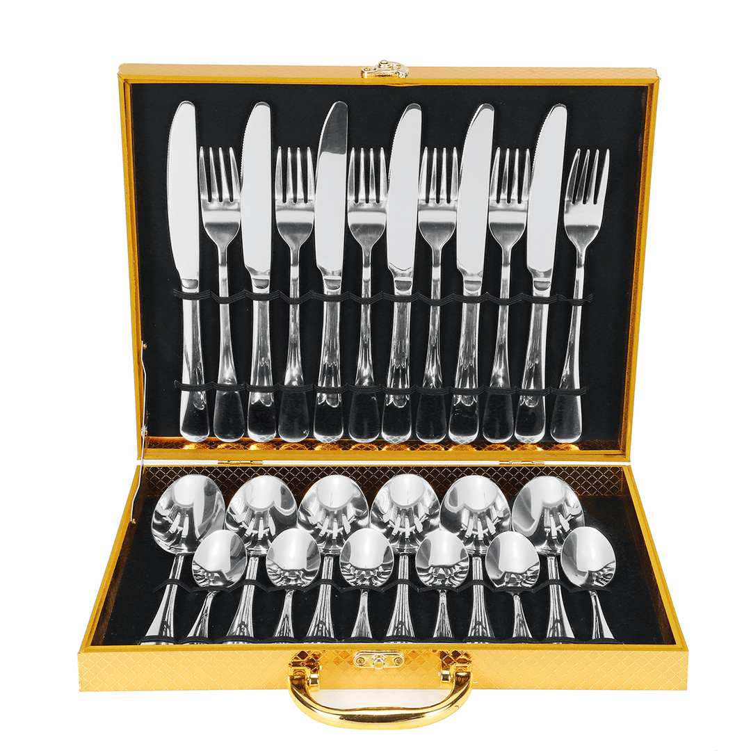 Silver Mirror Cutlery Sets 24Pcs Fork Spoon Knife Set 16Pcs Tableware Stainless - MRSLM