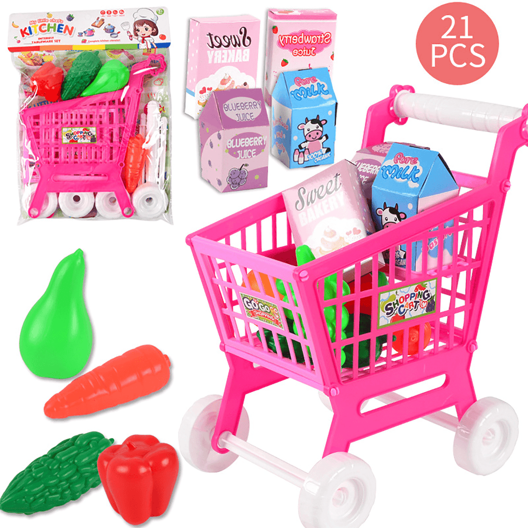 21Pcs/Set Toy Shopping Cart Pretend Supermarket Food Items Children Educational Play Toy for Ages 3 and Up - MRSLM