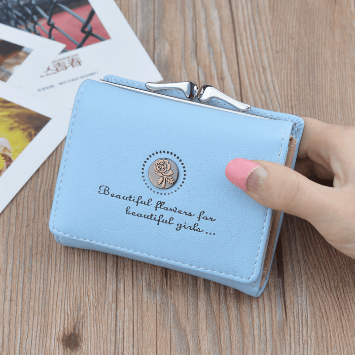 Women PU Leather Floral Clutch Short Solid Buckle Ladies Wallet Mini Portable Credit Card Purse - MRSLM