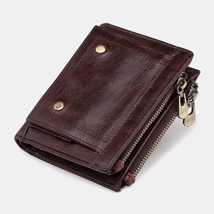 Men Genuine Leather RFID Anti-Theft Double Zipper Retro Business Multi Card Slot Leather Card Holder Wallet - MRSLM