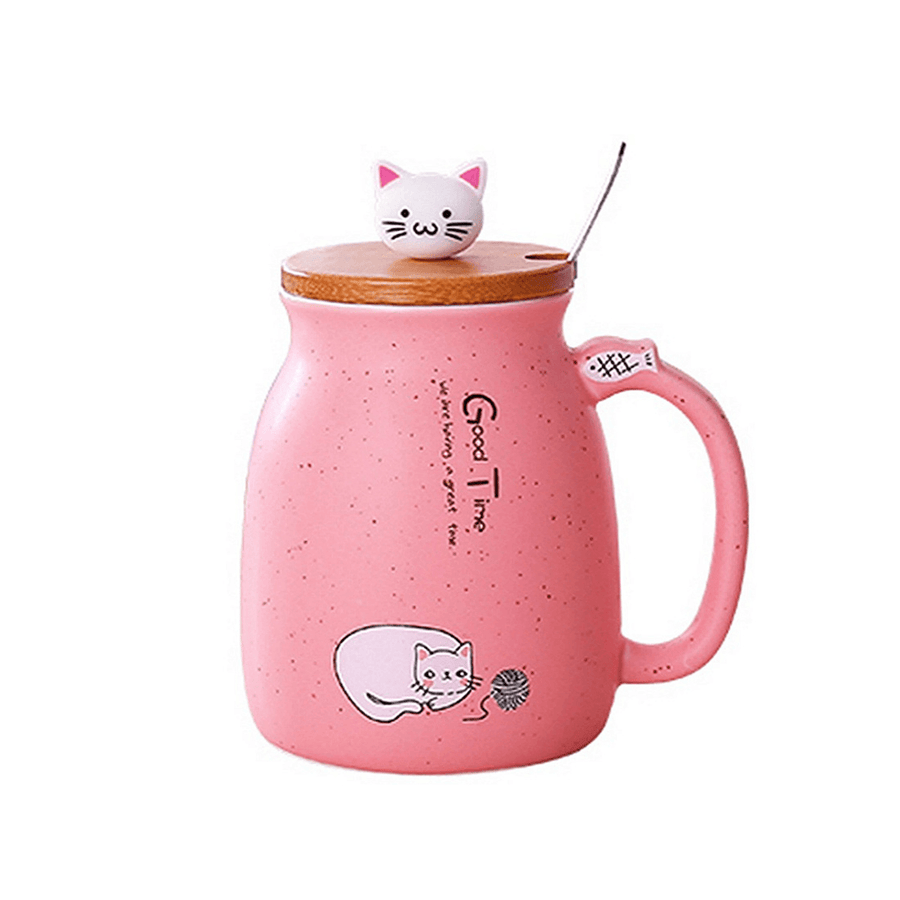 Cat Kitten Ceramic Coffee Mug Tea Milk Water Cup W/Handle + Spoon + Lid 420ML - MRSLM