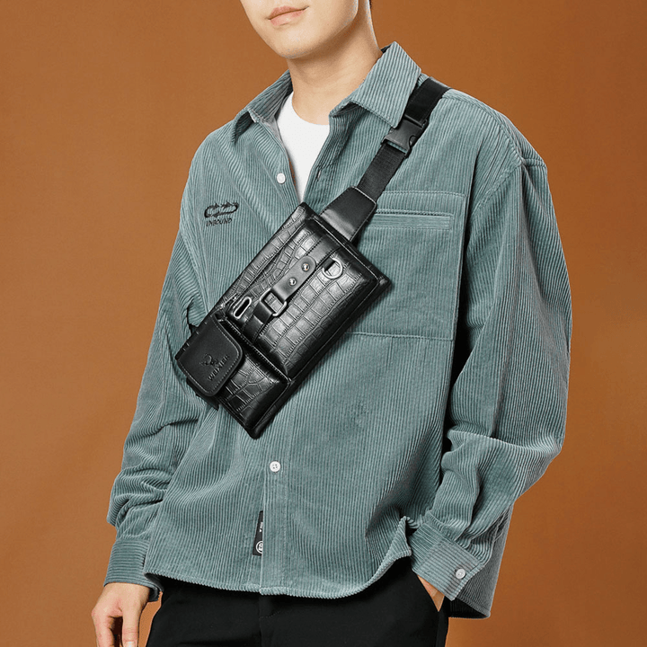 Men PU Leather Multi-Pocket Wear Resistant Chest Bag Waist Bag Headphone Hole Design 6.5 Inch Phone Bag Crossbody Bags - MRSLM