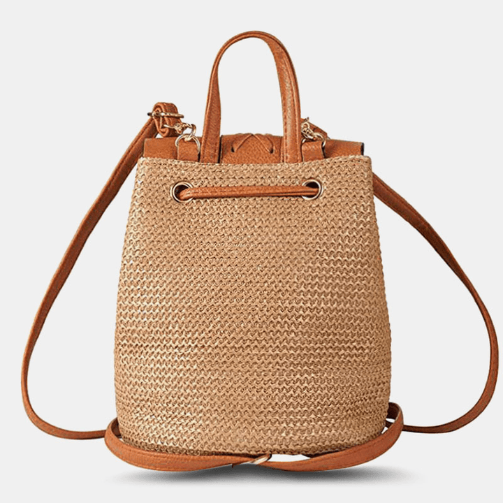 Women Tassel Straw Bag Retro Beach Bag Backpack Bucket Bag - MRSLM