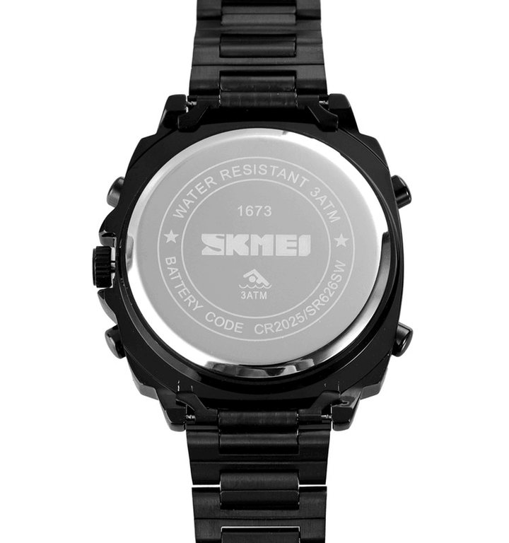 SKMEI 1673 Fashion LED Light Digital Watch Stainless Steel Strap 3ATM Waterproof Men Dual Display Watch - MRSLM