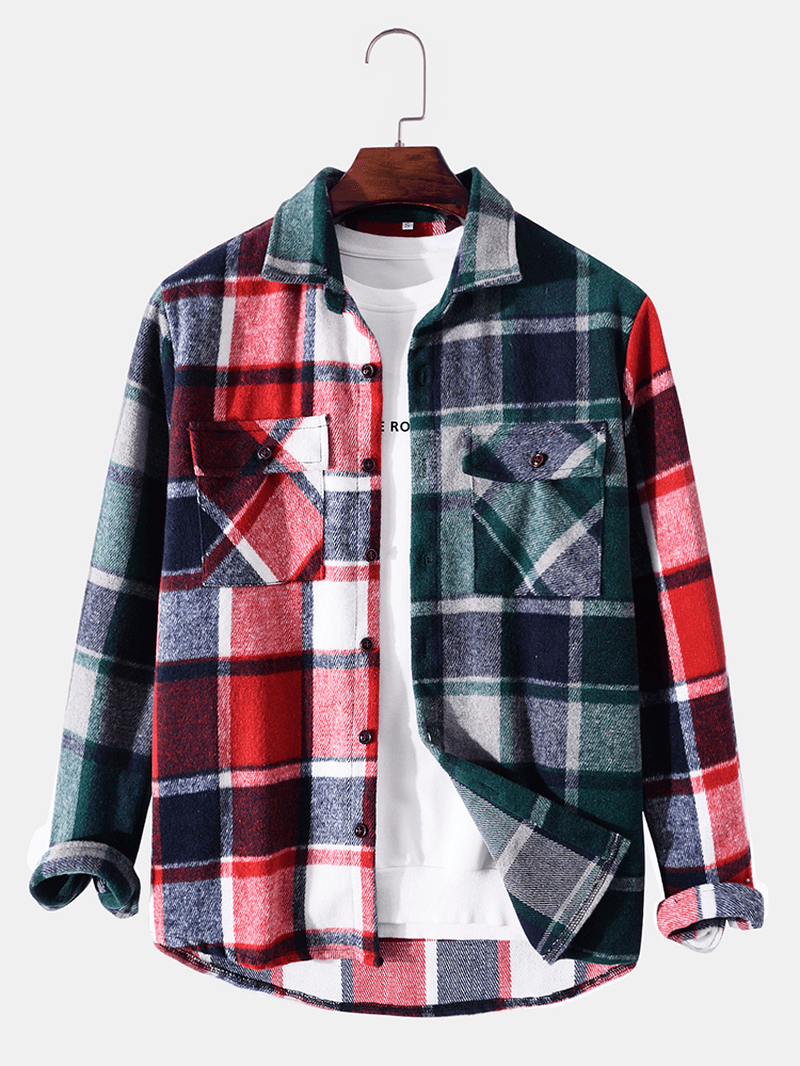 Men Patchwork Plaid Chest Pockets Button Lapel Casual Shirt - MRSLM