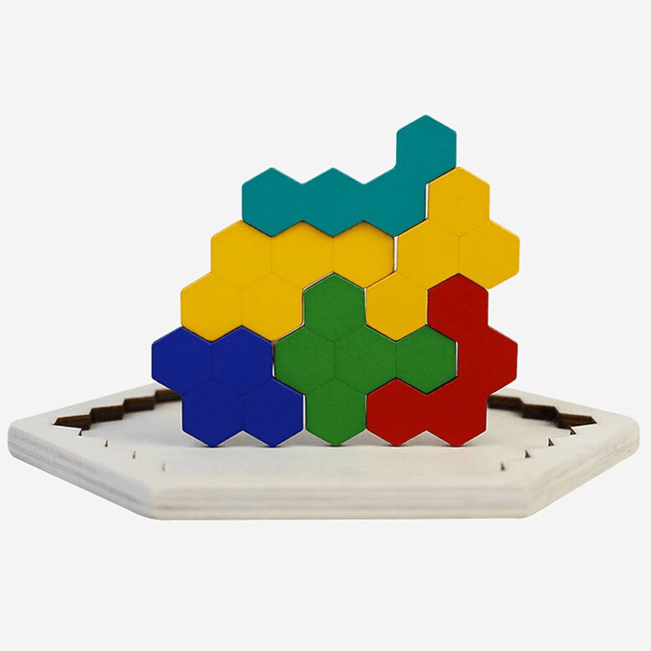 Tangram Wooden Hexagon Puzzles Toytable Game Playset Toddlers Toys - MRSLM