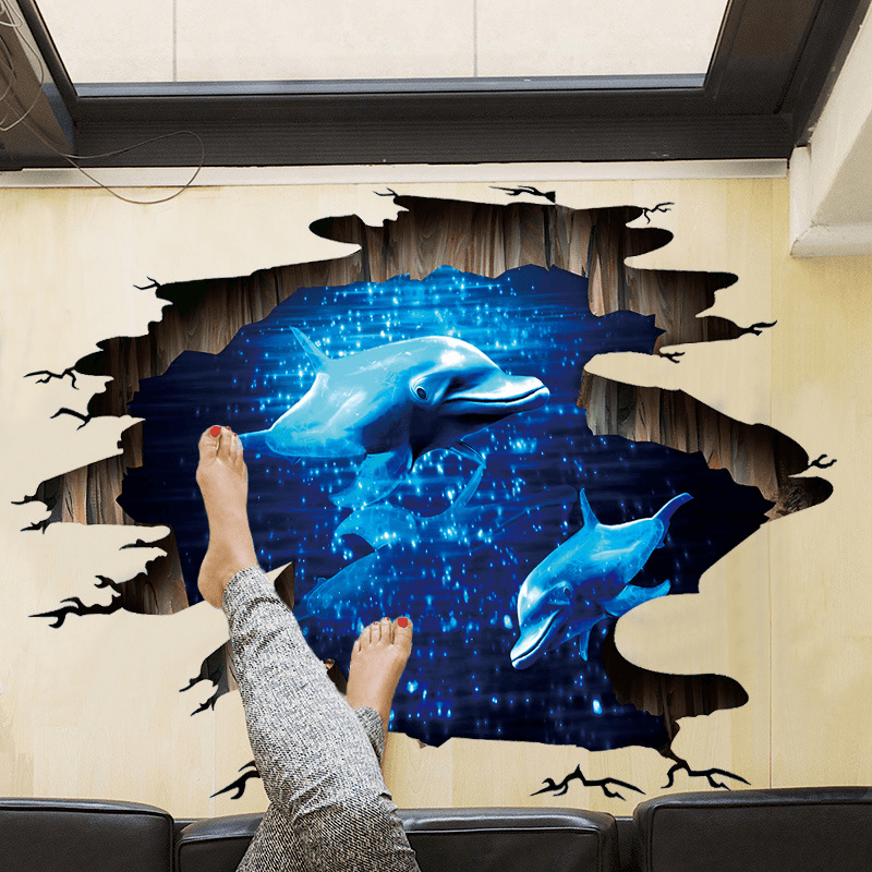 Miico Creative 3D Deep Sea Dolphin Removable Home Room Decorative Wall Floor Decor Sticker - MRSLM