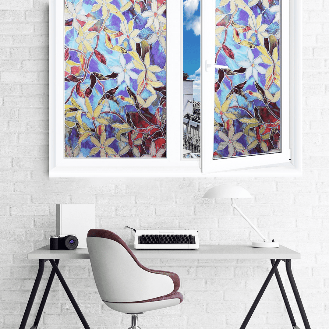 78X18In Window Film Colored Flowers Glass Sticker Bathroom Privacy Home Decoration - MRSLM