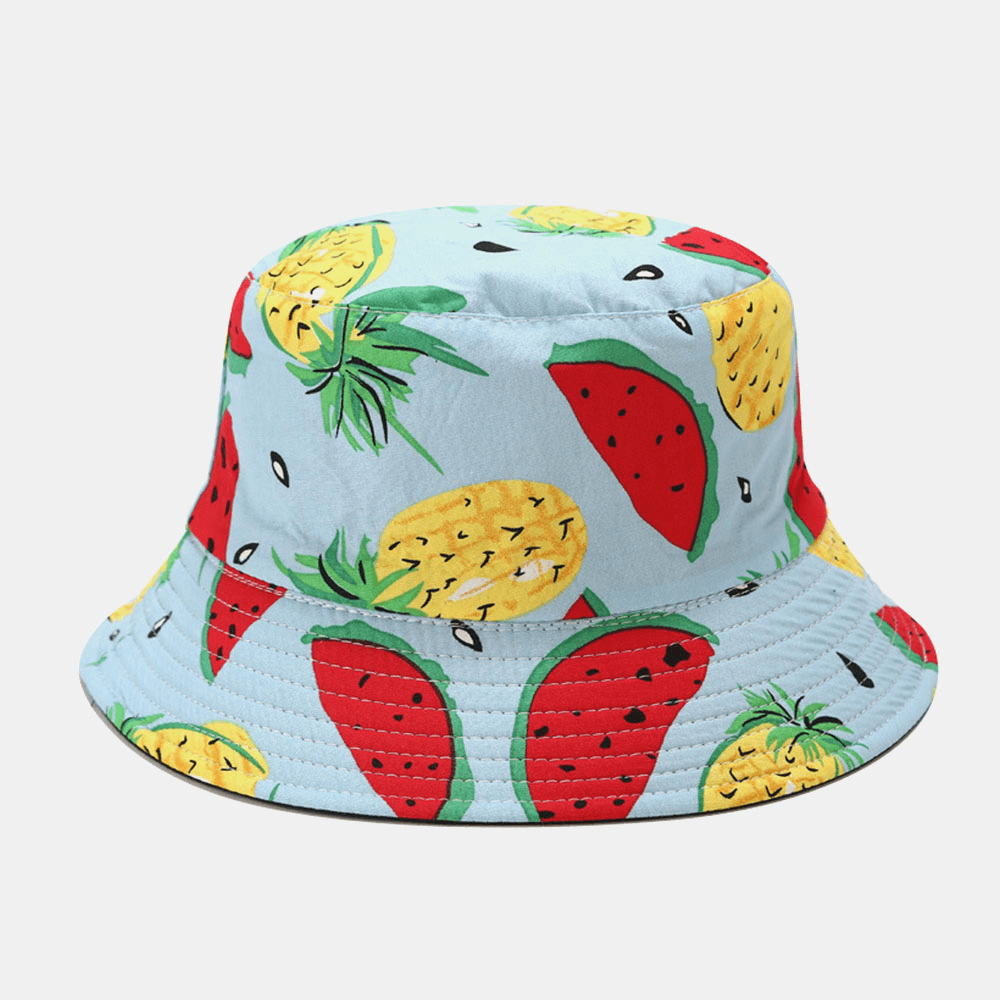 Unisex Cotton Fruit Pattern Watermelon Pineapple Printed Double-Sided Wearable Fashion Bucket Hat - MRSLM