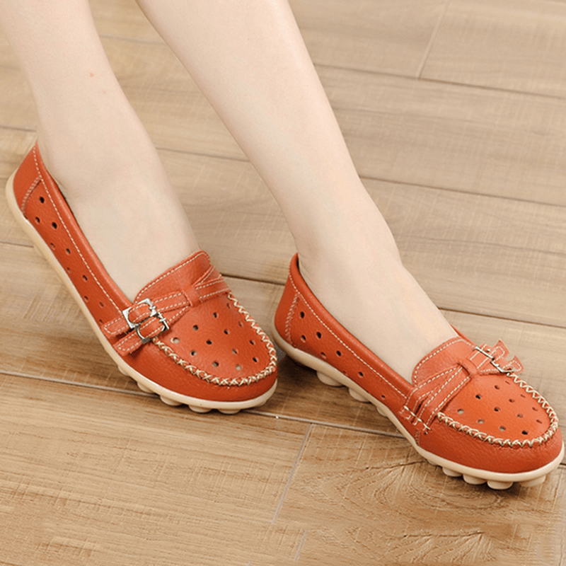 Women Flat Hollow Out Casual Soft Leather Slip on round Toe Loafers - MRSLM