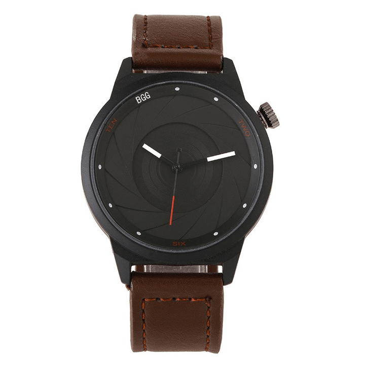 Creative Men Leather Strap Simple Back Aperture Pattern Dial White Needle Quartz Watch - MRSLM