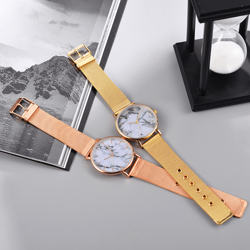 A0556 Leisure Sport Women Watch Alloy Case Mesh Band Adjustable Folding Clasp Creative Marble Quartz Watches - MRSLM