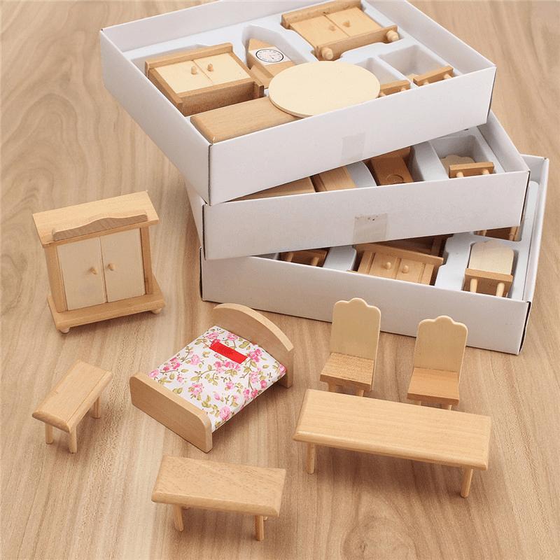 New 29 Pcs 1:24 Scale Dollhouse Miniature Unpainted Wooden Furniture Model Suite - MRSLM