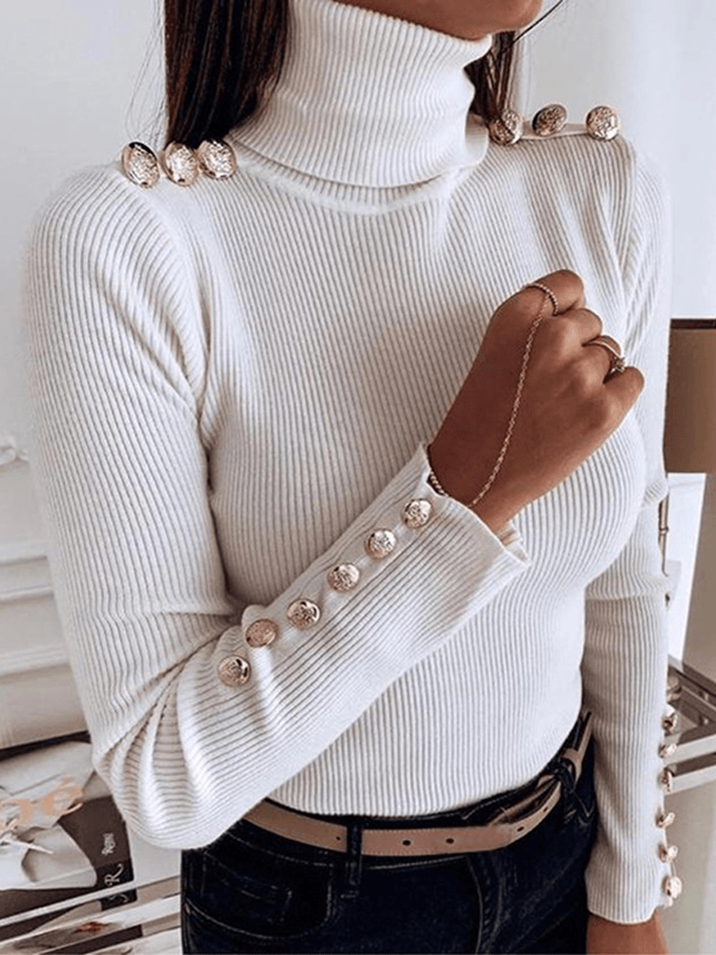 Women Turtleneck Solid Color Button Long Sleeve Basic Sweater - MRSLM