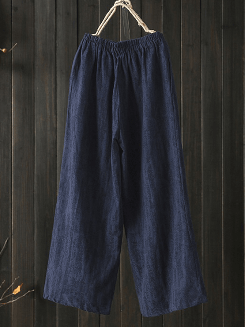 Women High Elastic Waist Loose Cotton Wide Leg Pants with Pockets - MRSLM