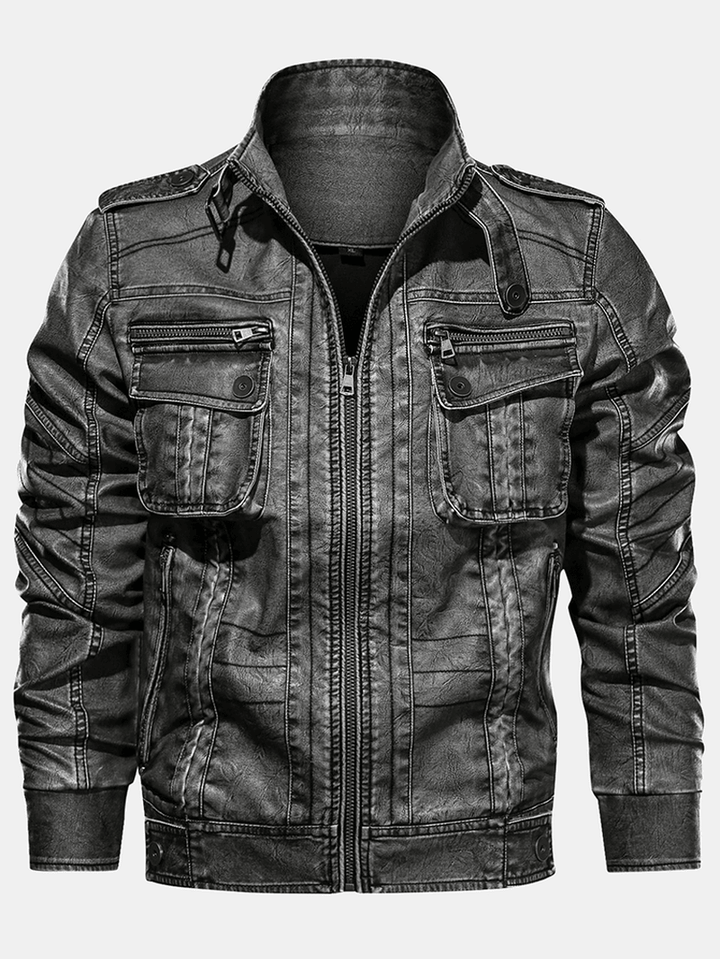 Mens Multi-Pocket Stand Collar PU Leather Vintage Jacket - MRSLM