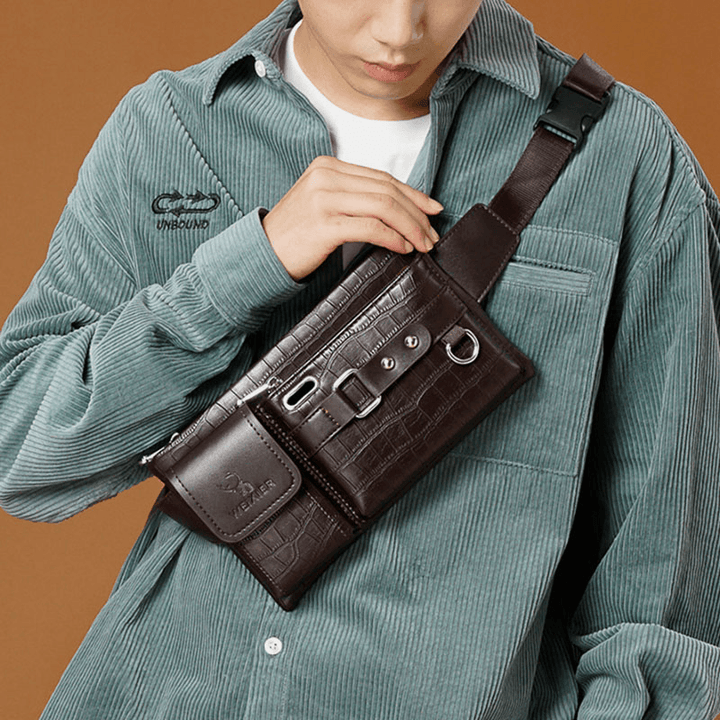 Men PU Leather Multi-Pocket Wear Resistant Chest Bag Waist Bag Headphone Hole Design 6.5 Inch Phone Bag Crossbody Bags - MRSLM