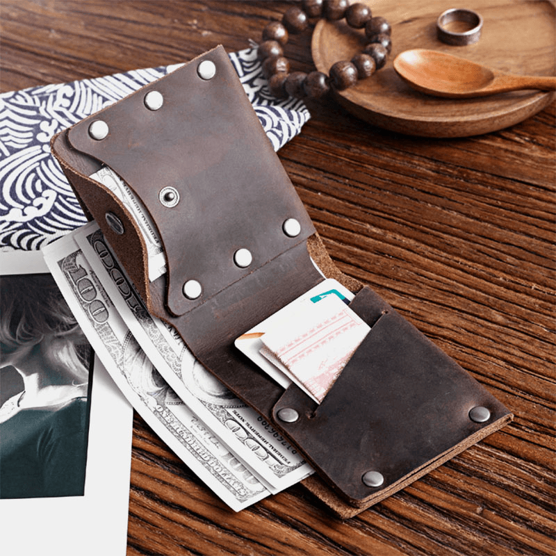 Men Short Bifold Cowhide Wallet Rivet Design Large Capacity Card Holder Coin Purse - MRSLM