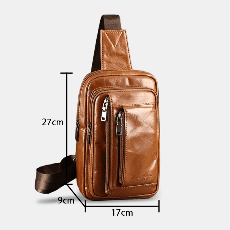 Men Retro Soft Leather Multi-Pocket Chest Bag Multifunction Large Capacity Messenger Bag Single Shoulder Bag - MRSLM