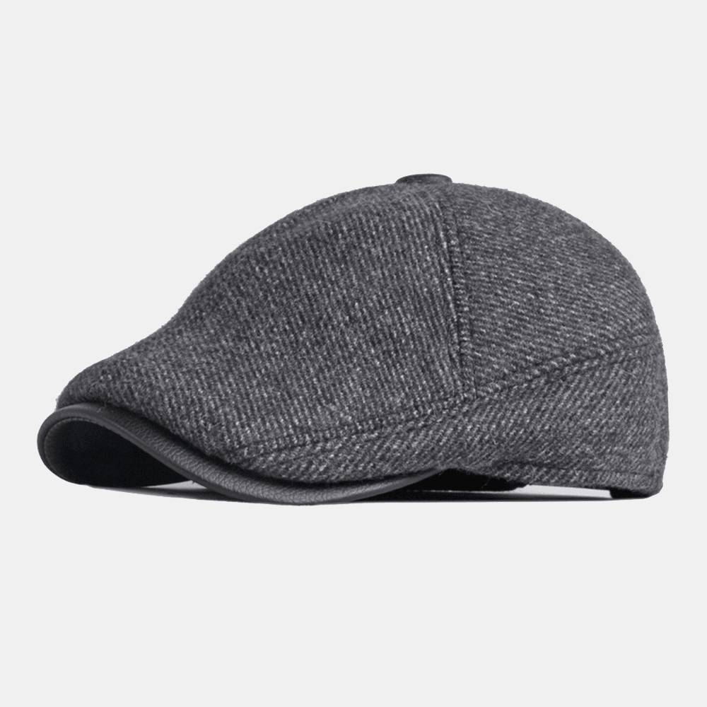 Men Winter Warm Ear Protection Woolen Beret Cap British Retro Short Brim Adjustable Forward Hat Painter Cap - MRSLM