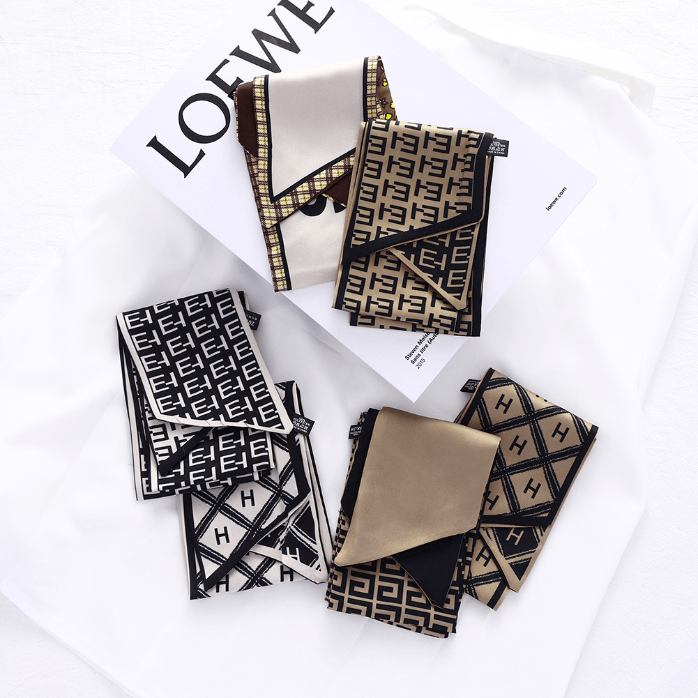 Retro French Forest Tied Hair Small Long Silk Scarf Female Lattice Letter Printing Tie Bag - MRSLM