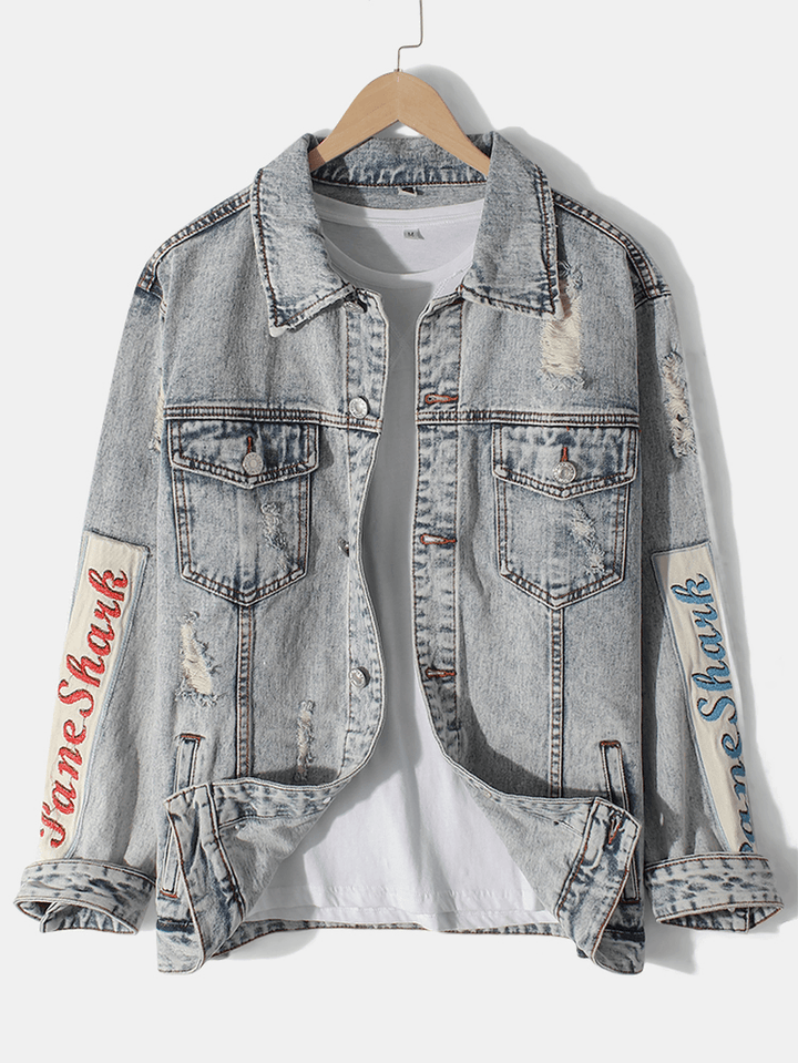 Mens Vintage Distressed Ripped Patch Casual Cotton Denim Jacket - MRSLM