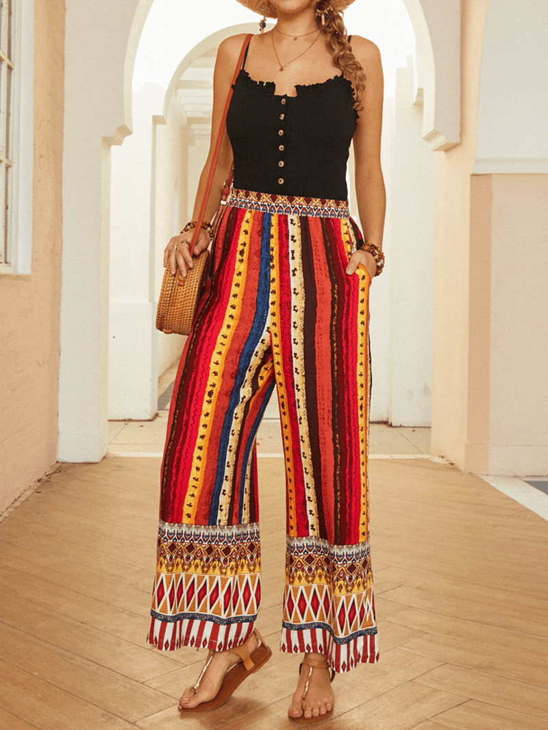 Women Colorful Ethnic Style Striped Print Loose Mid Waist Wide Leg Pants - MRSLM