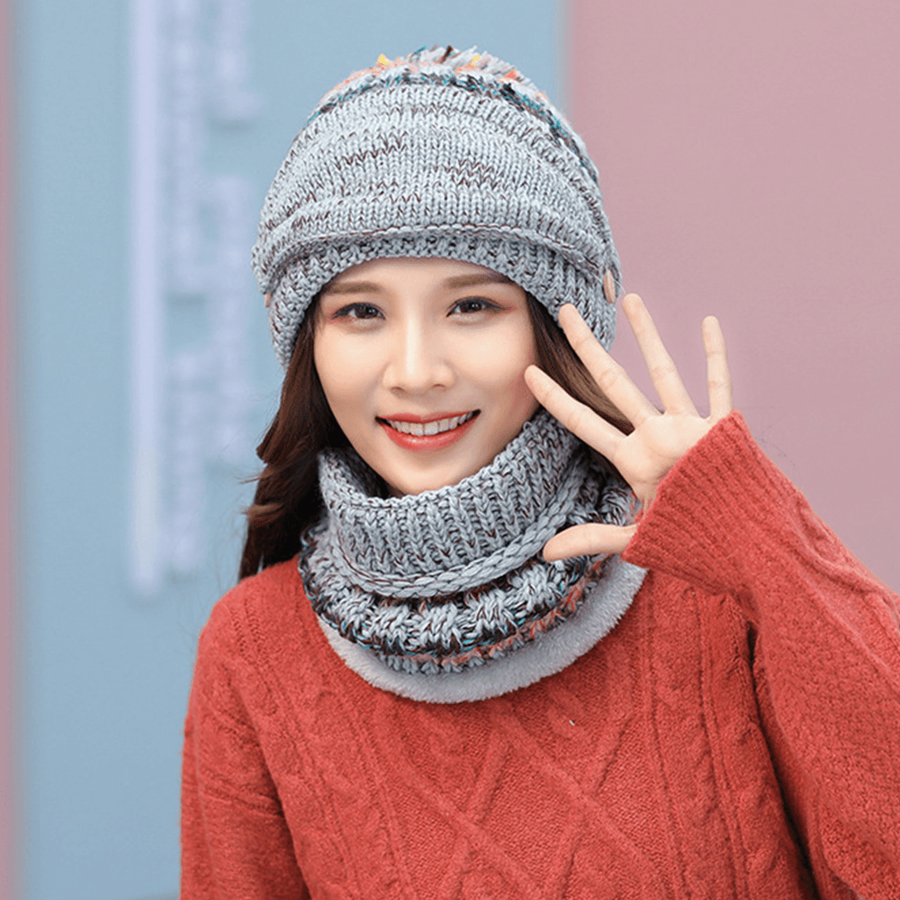 Women 3PCS Wool plus Velvet Thicken Warm Windproof Neck Face Protection Riding Knitted Hat Mask Scarf - MRSLM